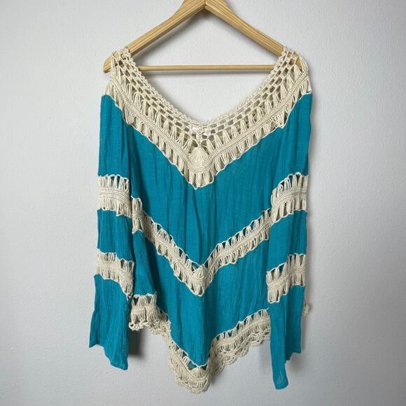 Umgee USA Boho Crochet Poncho Top Size L Turquoise Festival Vacation - Picture 2 of 4
